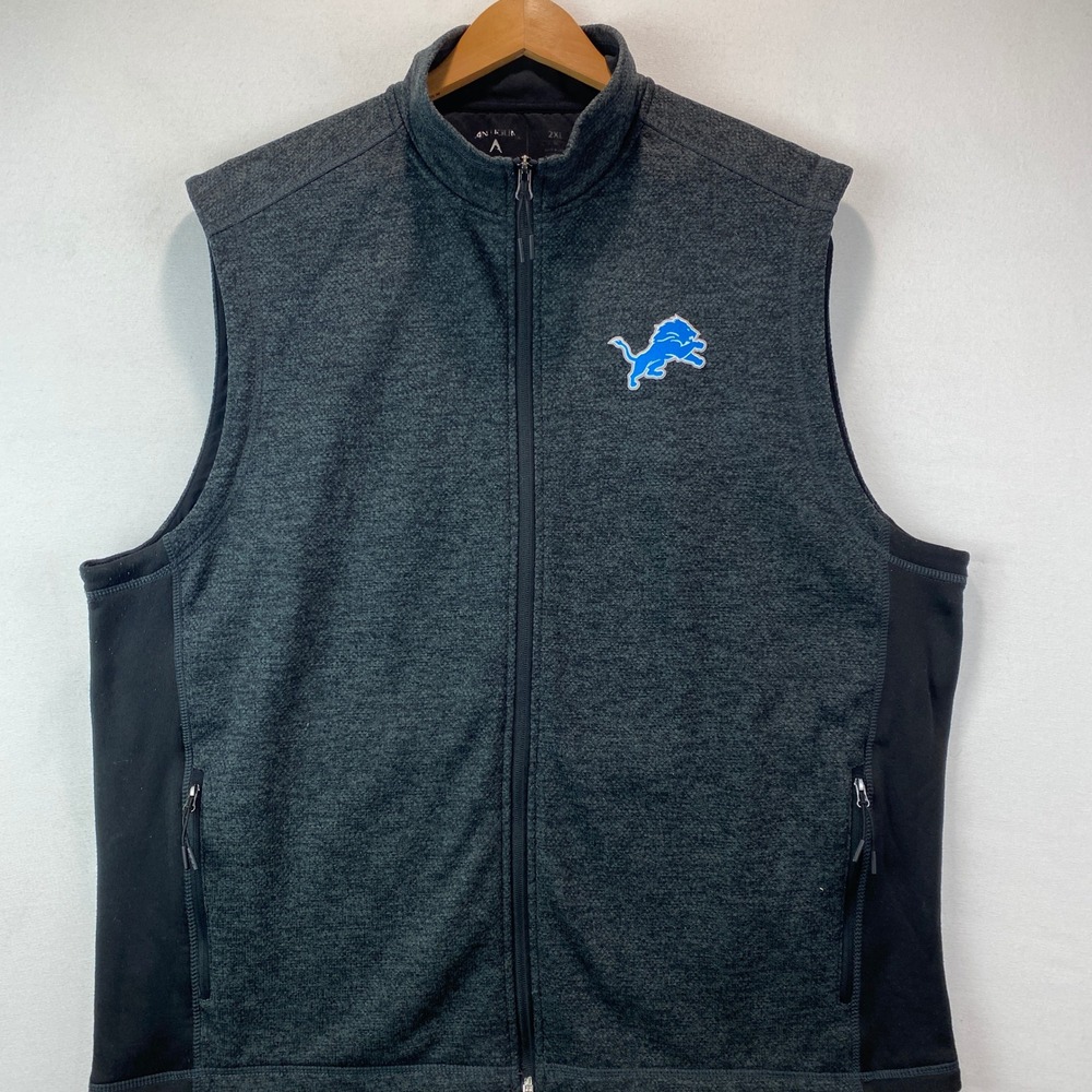 Antigua Detroit Lions NFL Full Zip Fleece Vest Mens 2XL Charcoal Grey Heather
